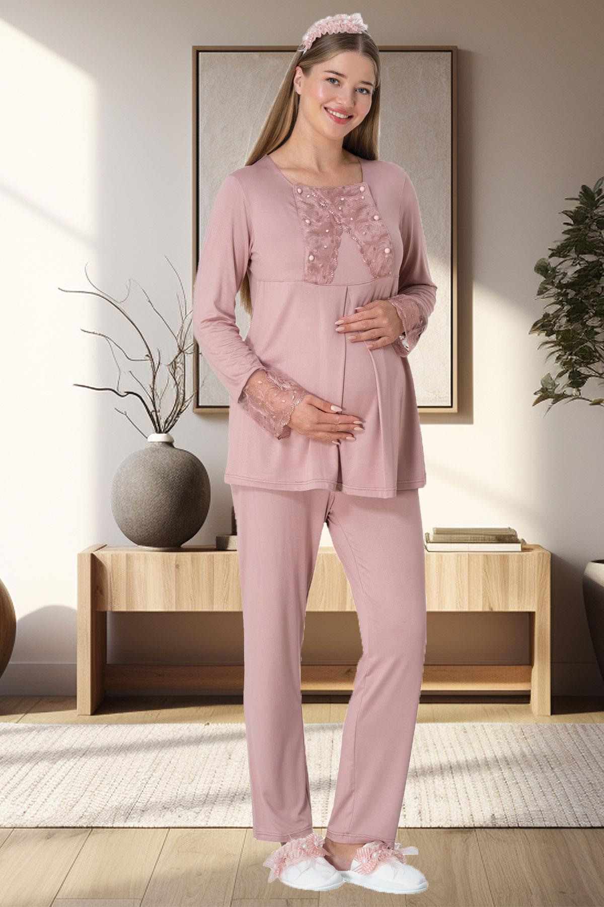 Peluş Sabahlıklı Dantelli Kol Lohusa Pijama Takımı Pudra - 5911