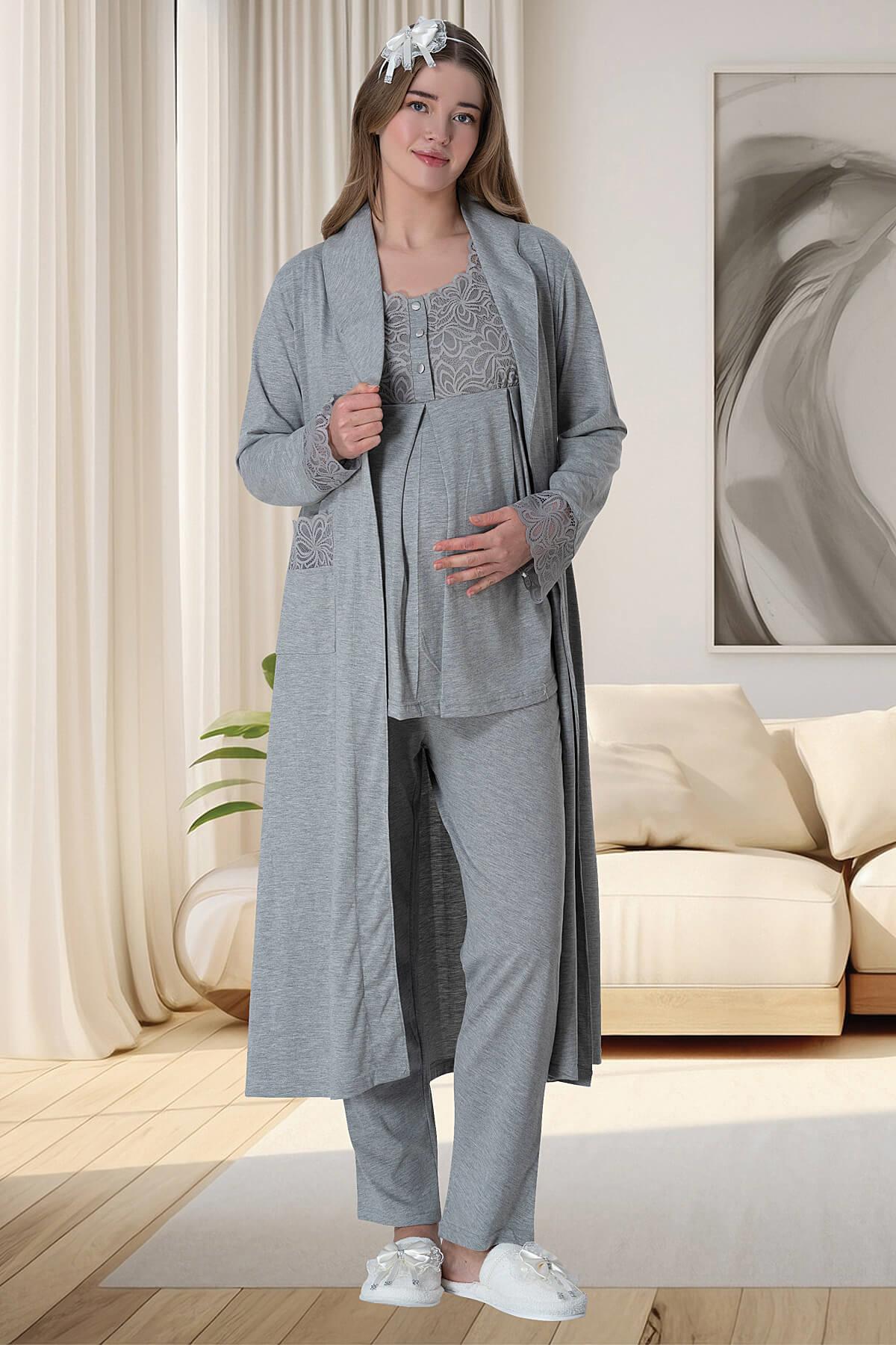 Melanj Sabahlıklı Dantelli Omuz Lohusa Pijama Takımı - 6003