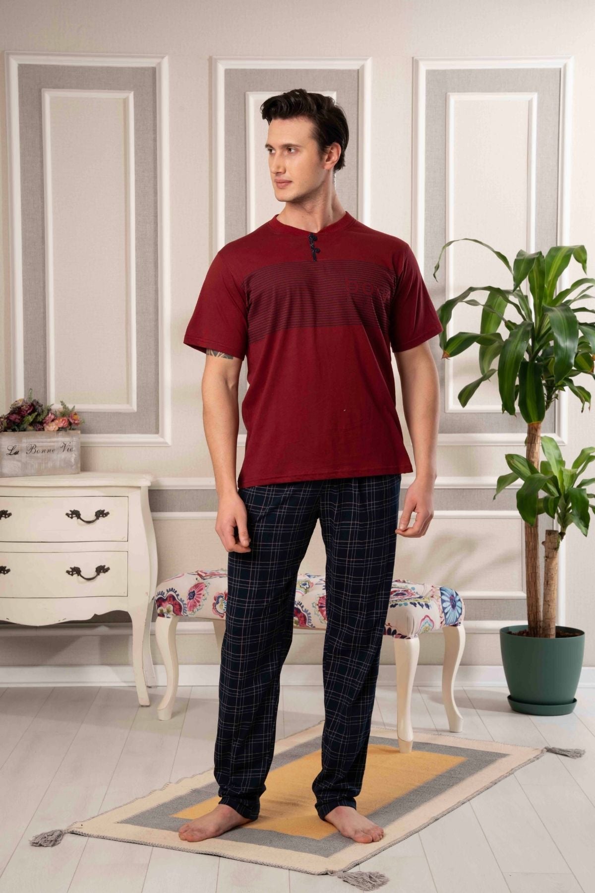 Çizgili Baskılı Ekose Erkek Pijama Takımı - 5877