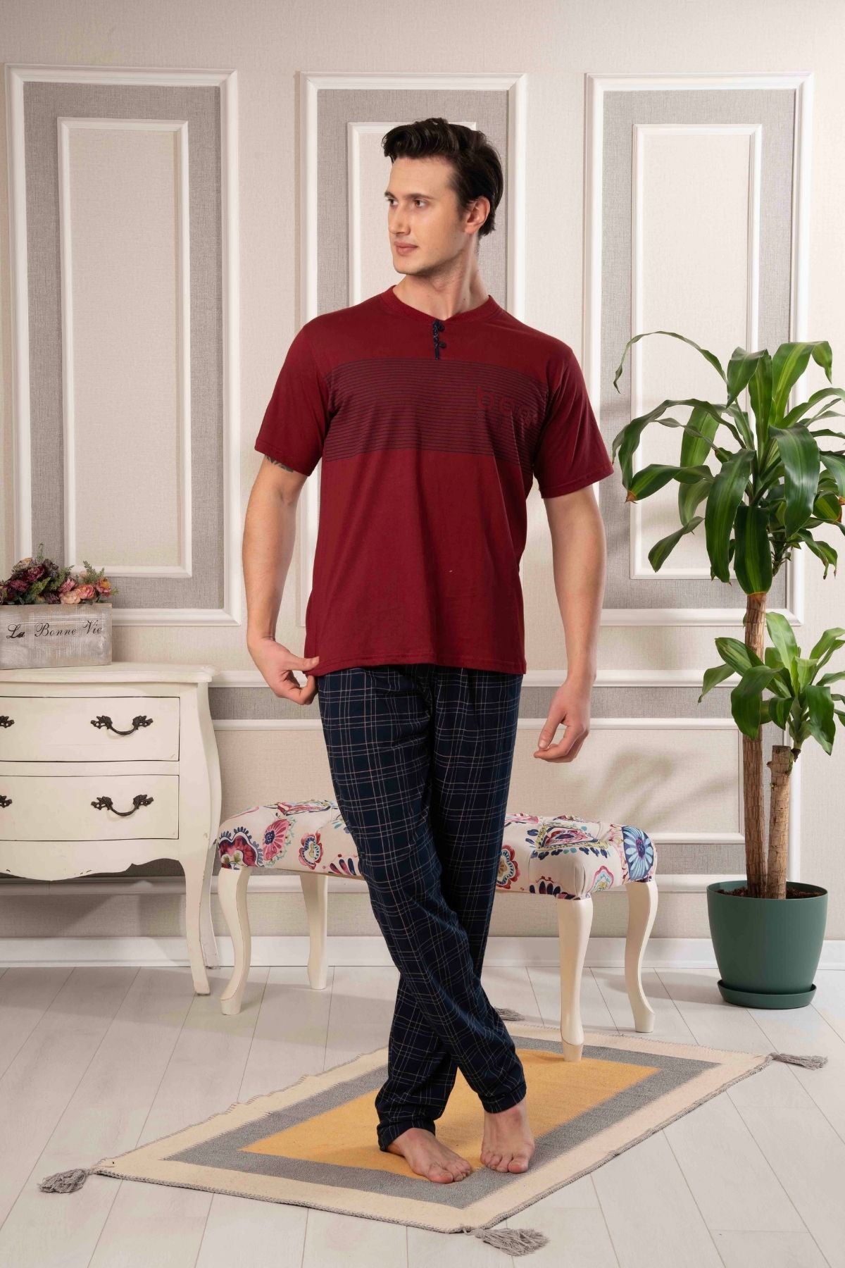 Çizgili Baskılı Ekose Erkek Pijama Takımı - 5877