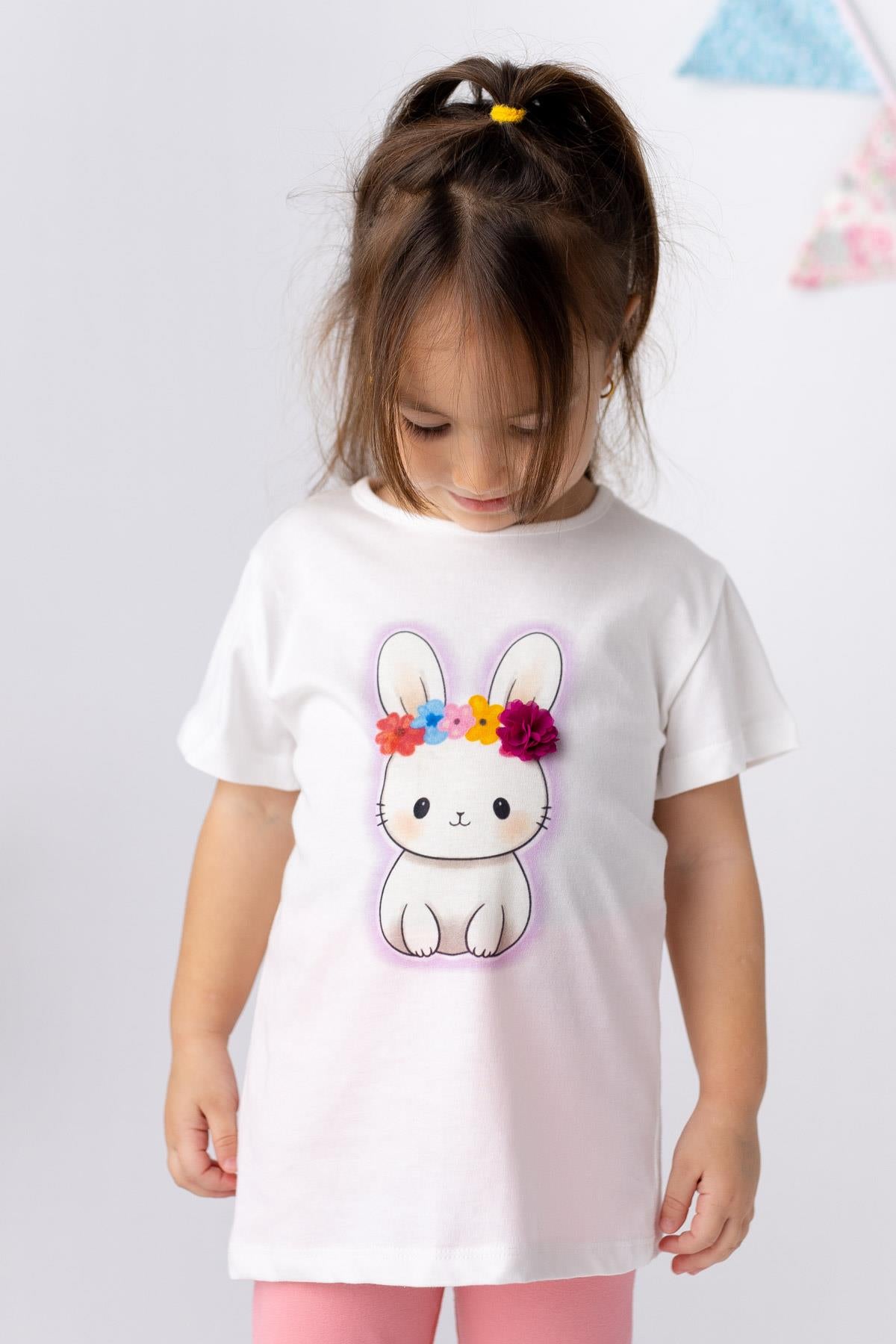 Kız Bebek Tavşan Baskılı 3 Boyutlu Çiçekli  T-shirt-1