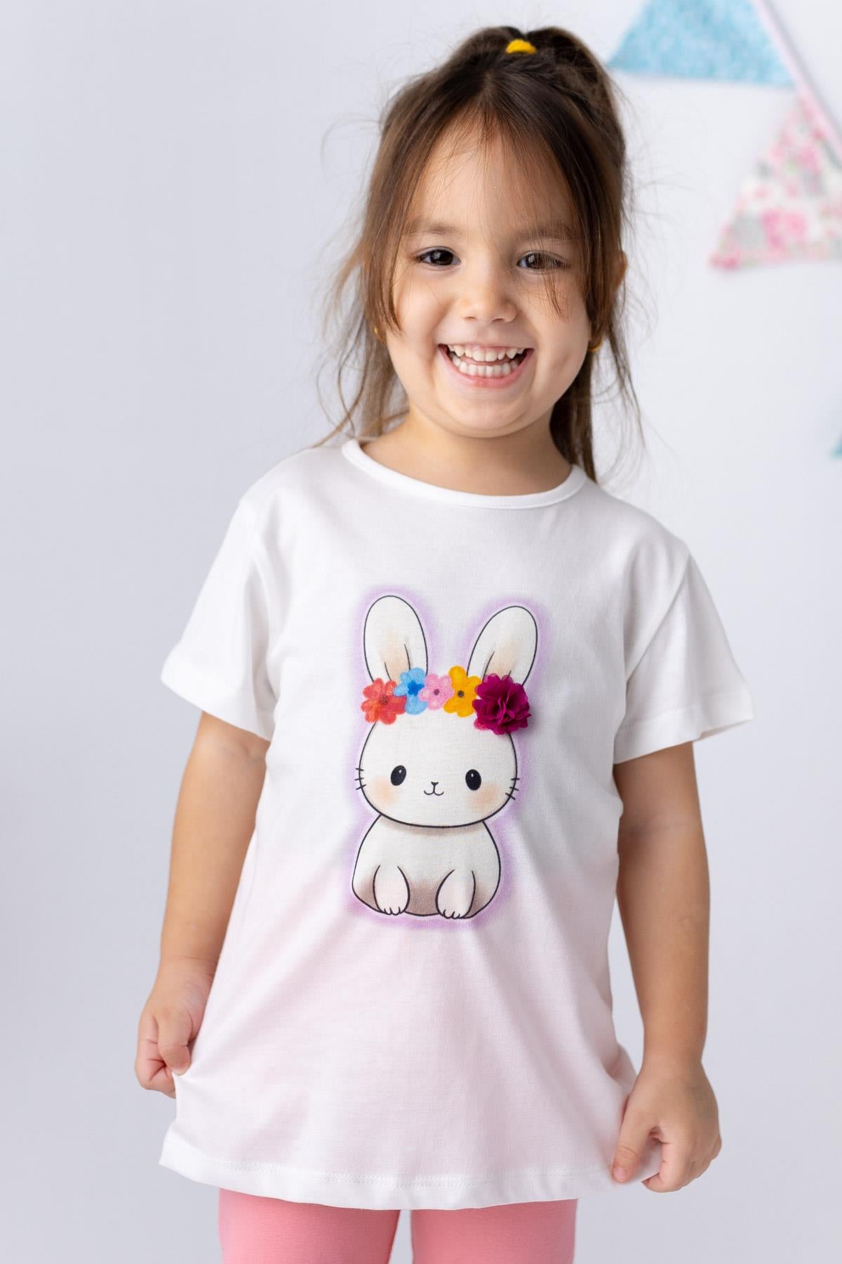 Kız Bebek Tavşan Baskılı 3 Boyutlu Çiçekli  T-shirt-0