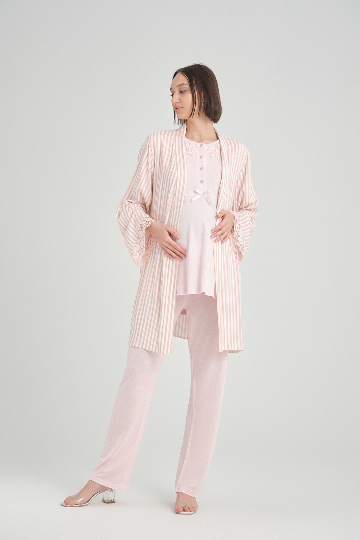 Çizgili Sabahlıklı Dantelli Yaka Lohusa Pijama Takımı - 2369