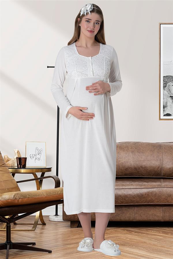 6060 Ekru Dantel Sabahlıklı Gecelik Pijama Lohusa Set