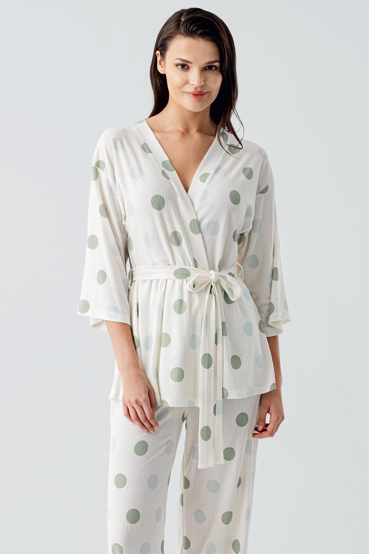 Puantiyeli Uzun Kollu Kimono Esnek Viskoz Lohusa Pijama Takım 17212
