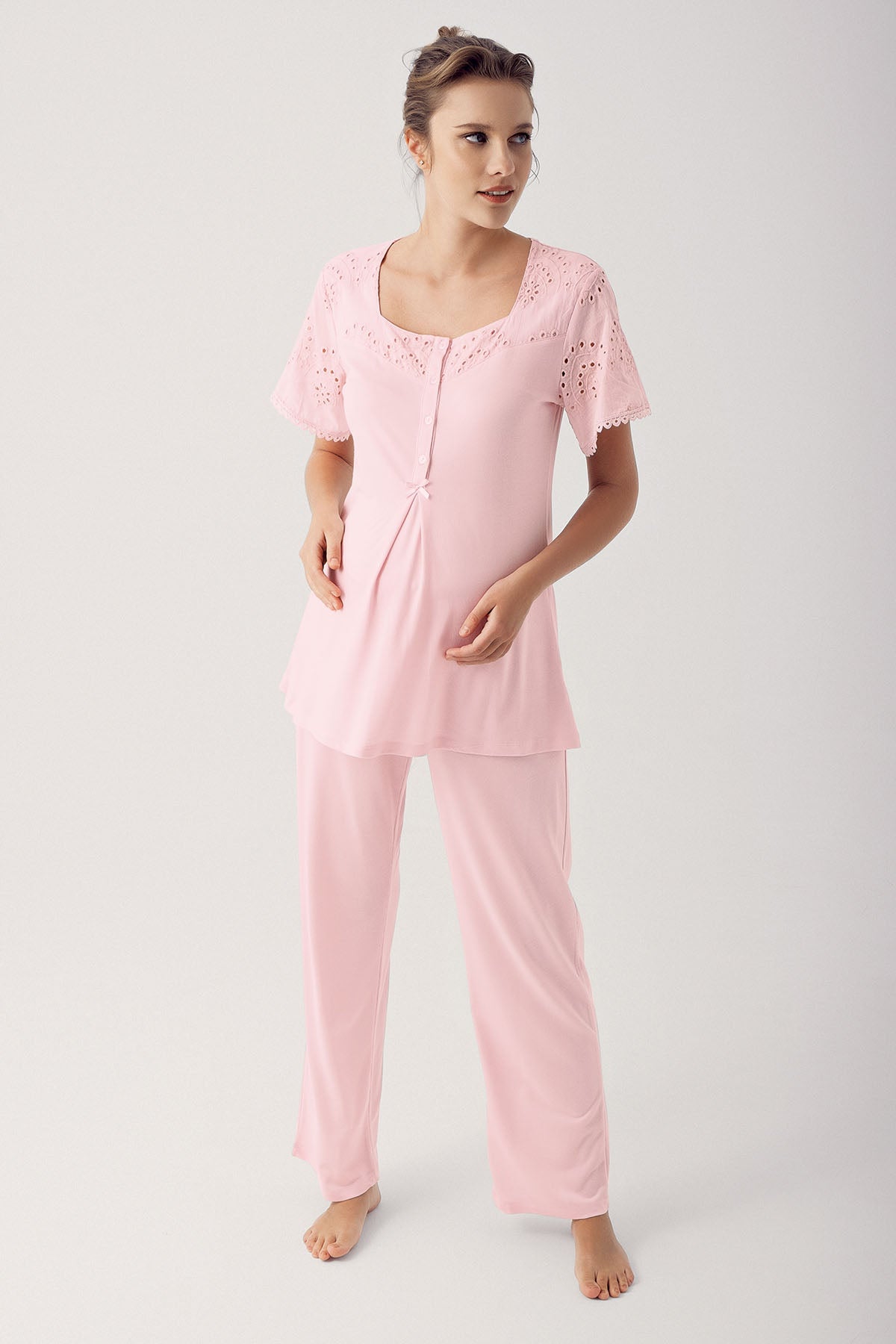 Motif İşlemeli Sabahlıklı Lohusa Pijama Takımı Pudra - 12305