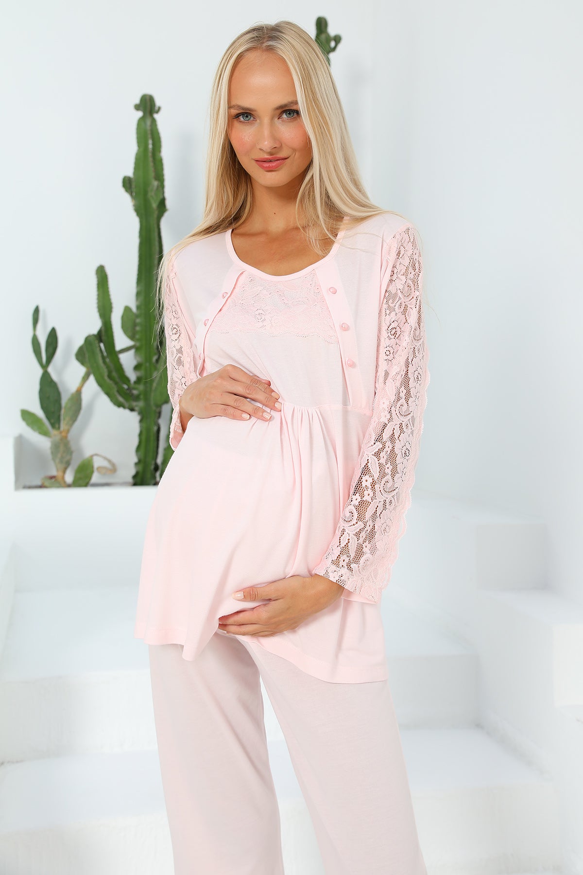 MOMMYSH® 55303 Elegance Dantel Kollu Lohusa Pijama Takımı Pembe