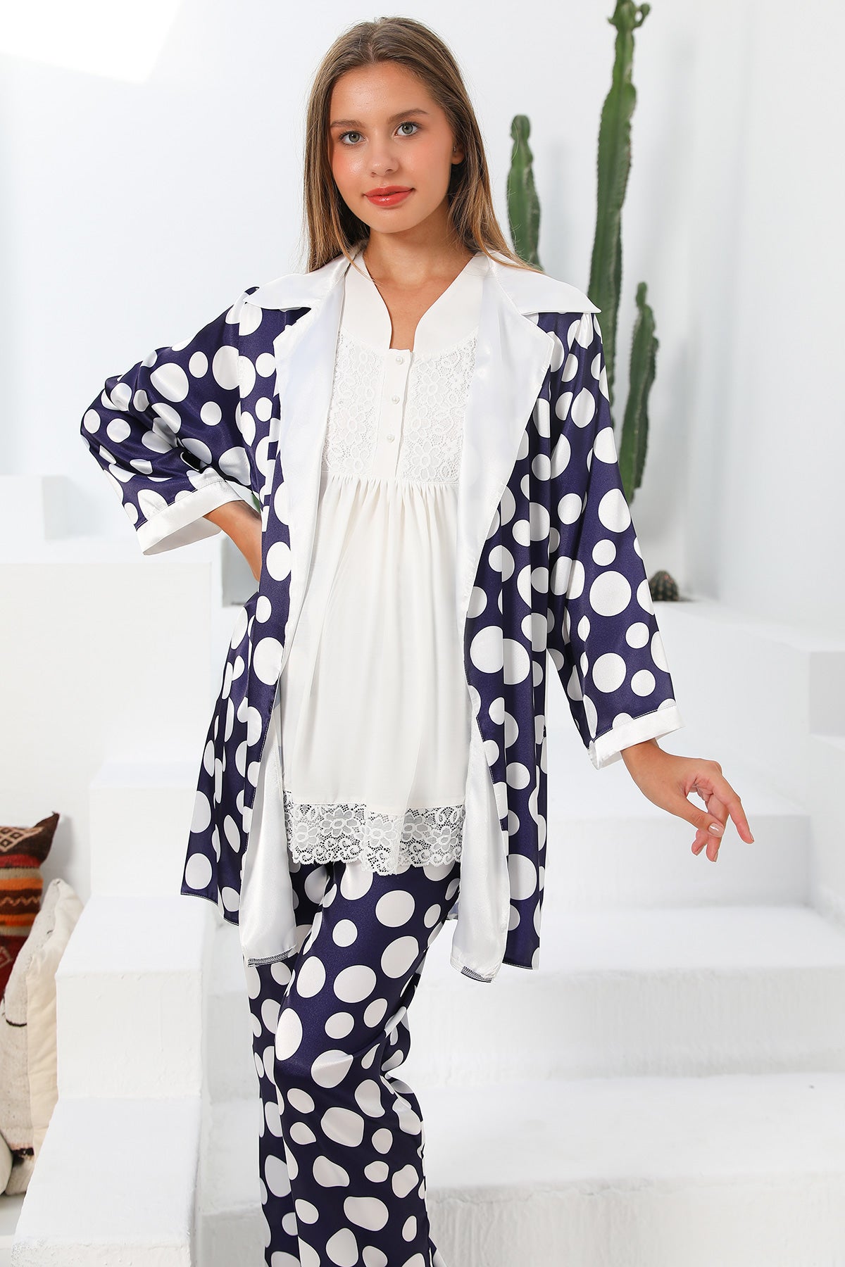 MOMMYSH® 55712 Moonlight Saten Sabahlıklı Dantel Kenar Lohusa Pijama Takımı Lacivert