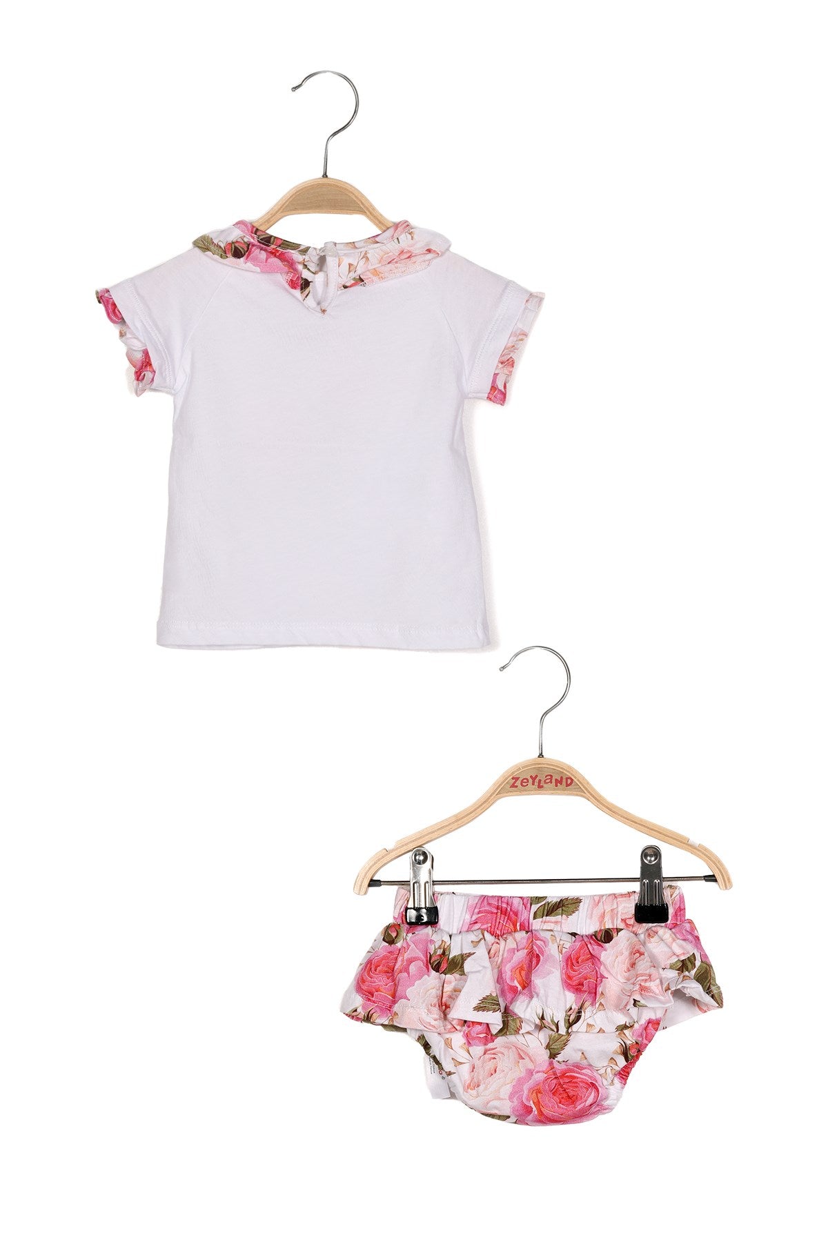 Kız Bebek Gül Baskılı Yakası Fırfırlı T-shirt ve Baskılı Fırfırlı Külot Takım-1