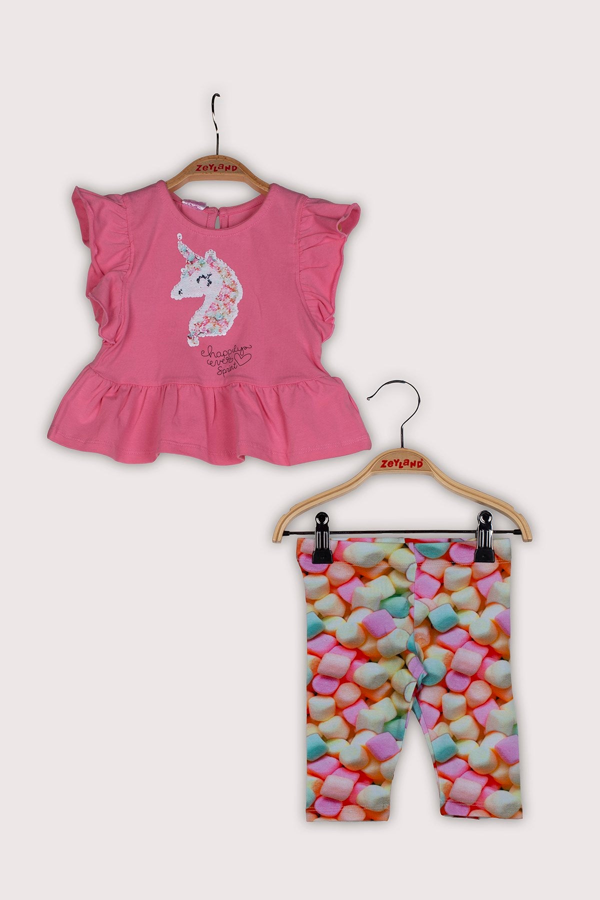Kız Bebek Kolları Fırfırlı Pullu T-Shirt ve Tayt Takım (12ay-5yaş)-0