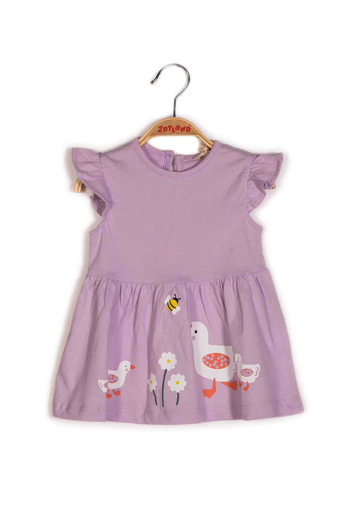 Kız Bebek Ördek Baskılı Kolları Fırfırlı Örme Elbise-2