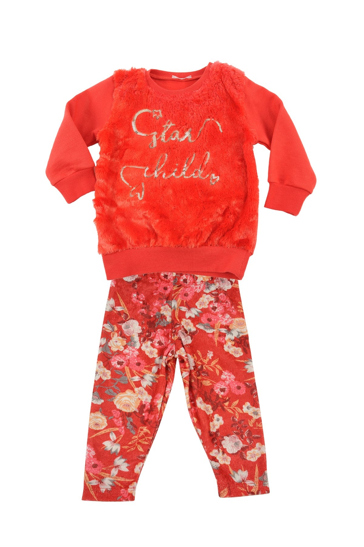 Kız Bebek Kırmızı Peluş Sweatshirt ve Çiçekli Tayt Takım (6ay-4yaş)-0