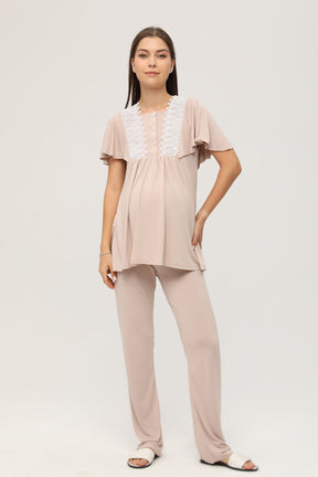 Sabahlıklı Dantelli Yaka Lohusa Pijama Takımı Bej - 102