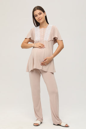 Sabahlıklı Dantelli Yaka Lohusa Pijama Takımı Bej - 102