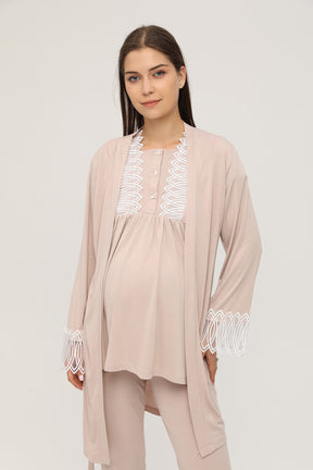 Sabahlıklı Dantelli Yaka Lohusa Pijama Takımı Bej - 102