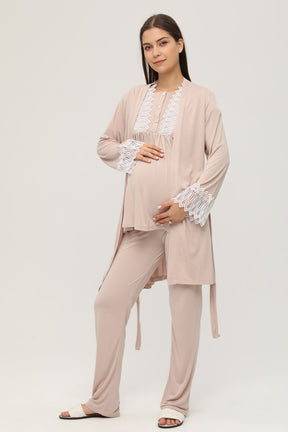 Sabahlıklı Dantelli Yaka Lohusa Pijama Takımı Bej - 102