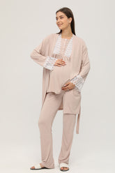 Sabahlıklı Dantelli Yaka Lohusa Pijama Takımı Bej - 102