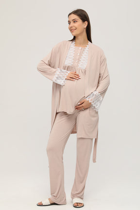 Sabahlıklı Dantelli Yaka Lohusa Pijama Takımı Bej - 102