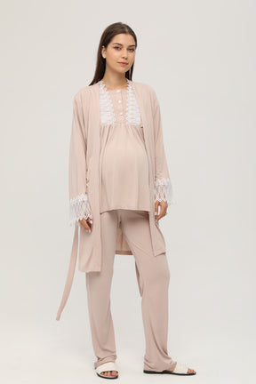 Sabahlıklı Dantelli Yaka Lohusa Pijama Takımı Bej - 102