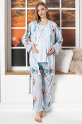 Desenli Sabahlıklı Emzirme Detaylı Lohusa Pijama Takımı Mavi - 103