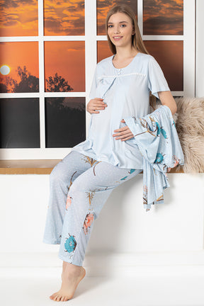 Desenli Sabahlıklı Emzirme Detaylı Lohusa Pijama Takımı Mavi - 103