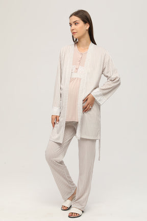Dantelli Kol Sabahlıklı Lohusa Pijama Takımı Bej - 105