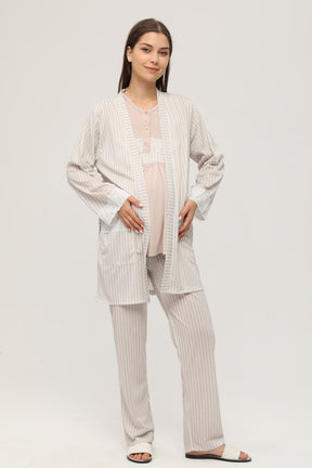 Dantelli Kol Sabahlıklı Lohusa Pijama Takımı Bej - 105