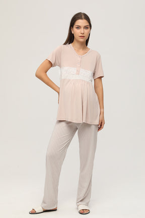 Dantelli Kol Sabahlıklı Lohusa Pijama Takımı Bej - 105