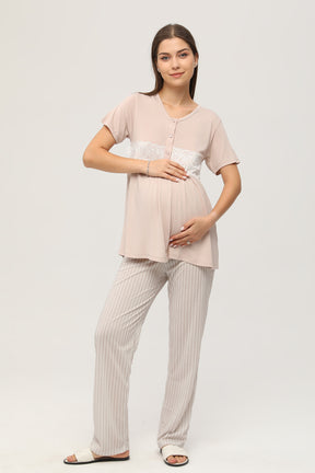 Dantelli Kol Sabahlıklı Lohusa Pijama Takımı Bej - 105