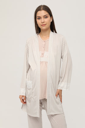 Dantelli Kol Sabahlıklı Lohusa Pijama Takımı Bej - 105