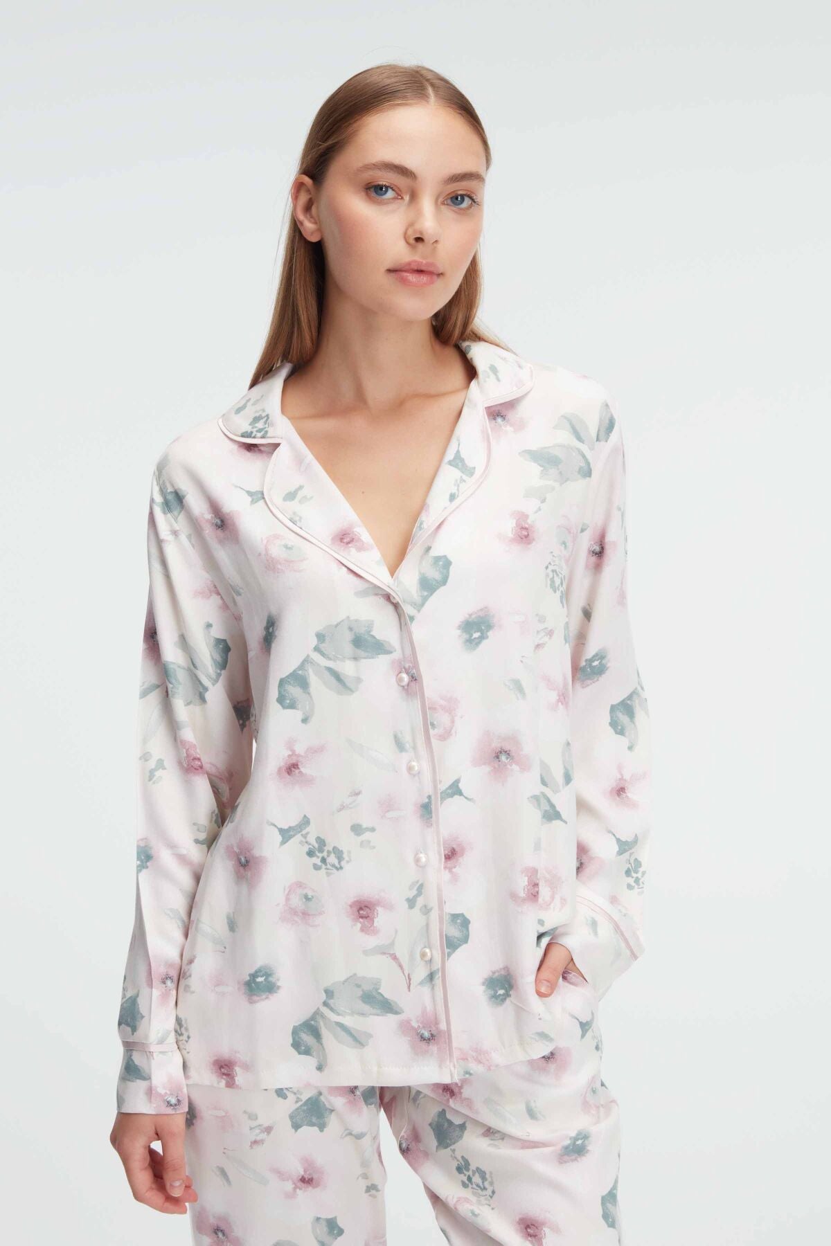 Çiçekli Önden Düğmeli Lohusa Pijama Takımı - 11310
