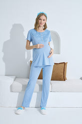 Dantelli Yaka Lohusa Pijama Takımı Mavi - 1158