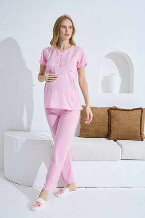 Dantelli Yaka Lohusa Pijama Takımı Pembe - 1158