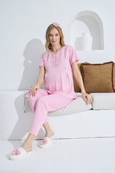 Dantelli Yaka Lohusa Pijama Takımı Pembe - 1158