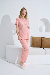 Dantelli Yaka Lohusa Pijama Takımı Somon - 1158