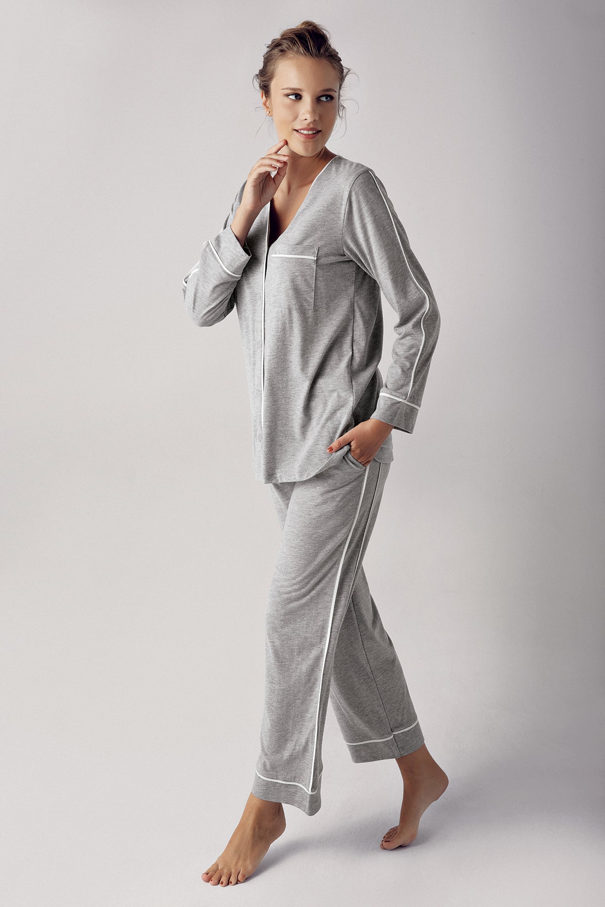 Melanj Pamuklu Önden Düğmeli Lohusa Pijama Takımı Gri - 13202