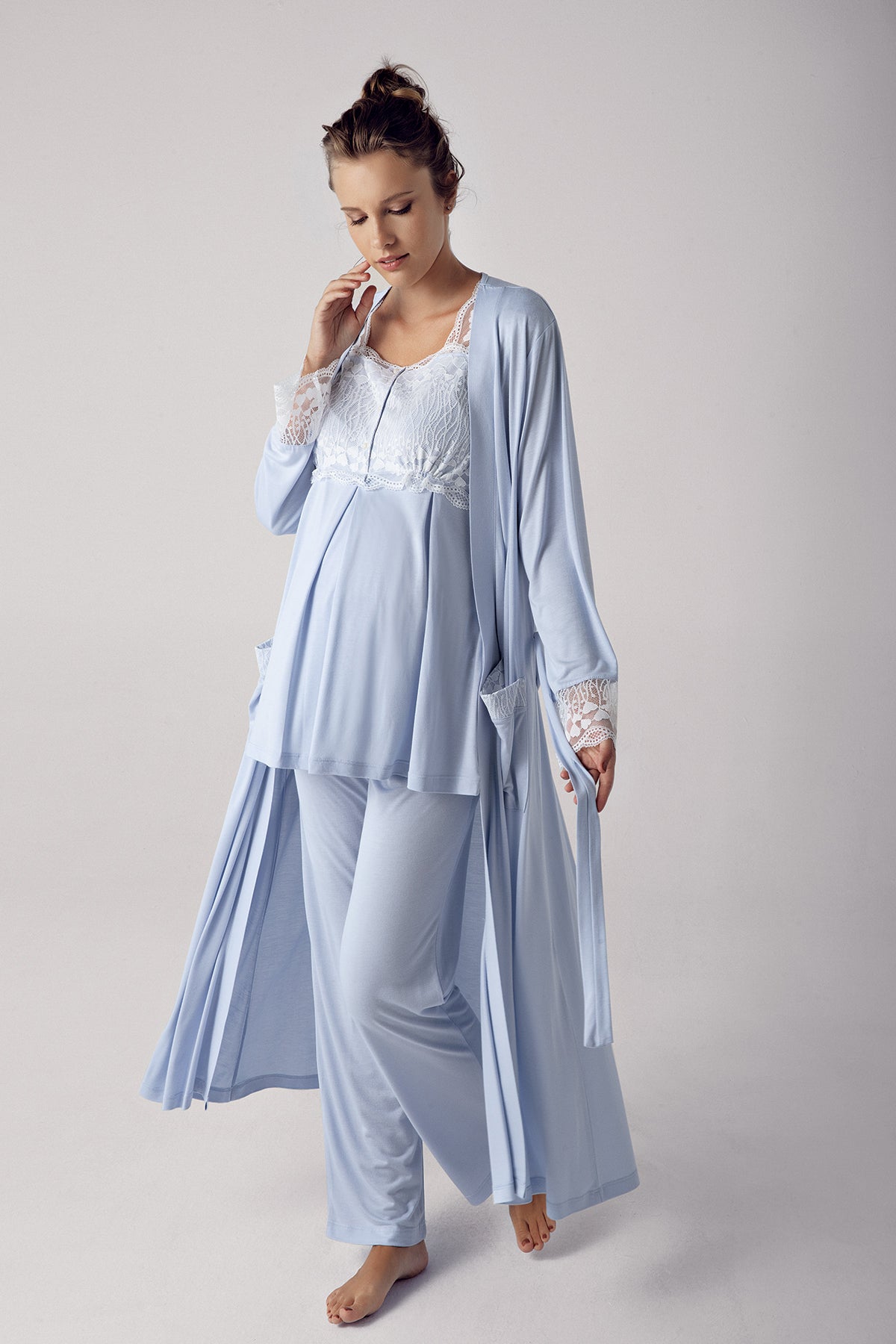 Dantelli Sabahlıklı Lohusa Pijama Takımı Mavi - 13303