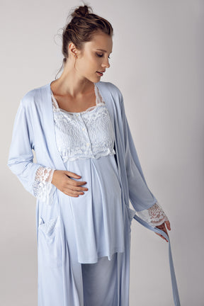 Dantelli Sabahlıklı Lohusa Pijama Takımı Mavi - 13303