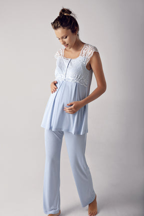 Dantelli Sabahlıklı Lohusa Pijama Takımı Mavi - 13303