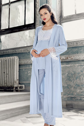 Dantelli Sabahlıklı Lohusa Pijama Takımı Mavi - 13303