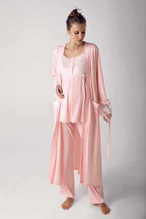 Dantelli Sabahlıklı Lohusa Pijama Takımı Pudra - 13303