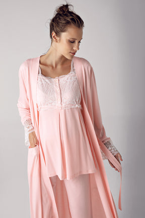 Dantelli Sabahlıklı Lohusa Pijama Takımı Pudra - 13303