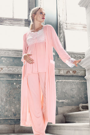 Dantelli Sabahlıklı Lohusa Pijama Takımı Pudra - 13303