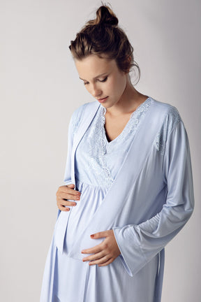 Sabahlıklı Dantelli Kol Kruvaze Lohusa Pijama Takımı Mavi - 13304