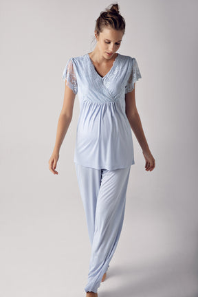 Sabahlıklı Dantelli Kol Kruvaze Lohusa Pijama Takımı Mavi - 13304