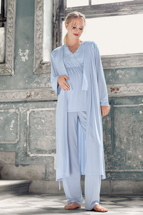 Sabahlıklı Dantelli Kol Kruvaze Lohusa Pijama Takımı Mavi - 13304