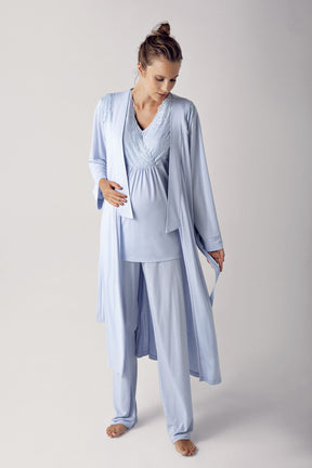 Sabahlıklı Dantelli Kol Kruvaze Lohusa Pijama Takımı Mavi - 13304