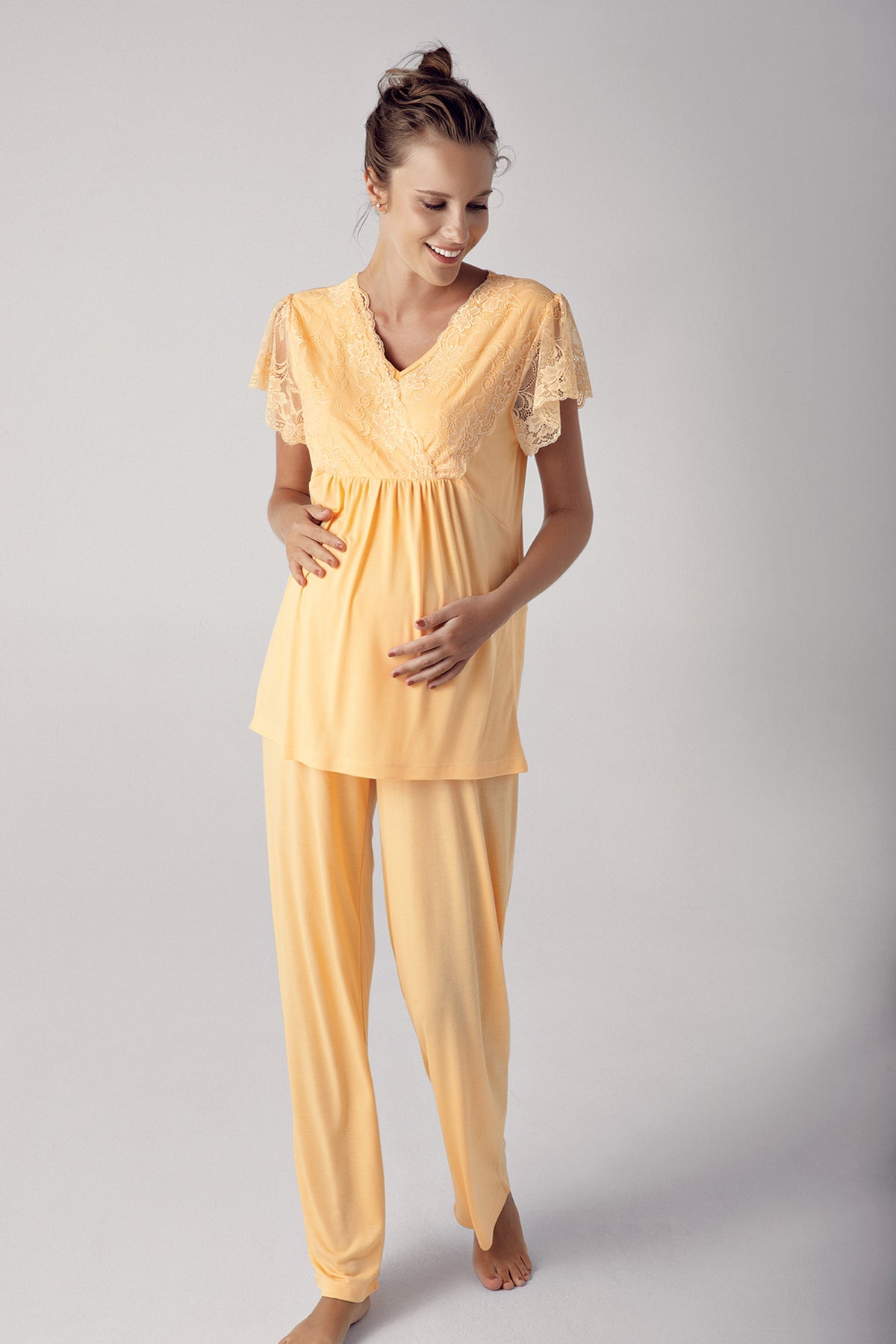 Sabahlıklı Dantelli Kol Kruvaze Lohusa Pijama Takımı Sarı - 13304