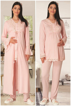 Carpediem 1517 Dantelli Sabahlıklı Lohusa Pijama Takımı - Lohusa Sepeti