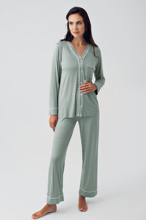Puantiyeli Önden Düğmeli Lohusa Pijama Takımı Yeşil - 15201